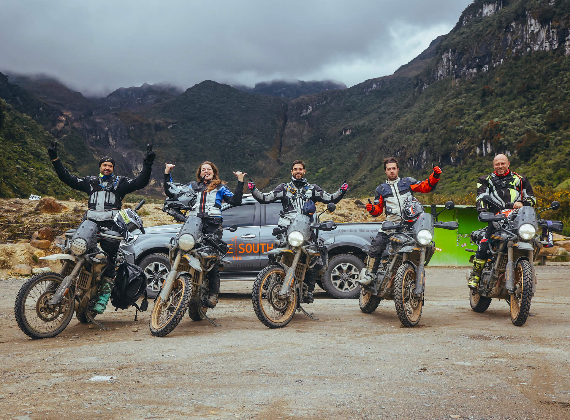 Group of Motorcycle riders posing for a photo during the coffee experience motorcycle tour in Colombia