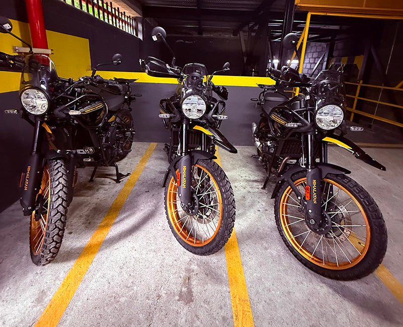 Three Royal Enfield Himalayan 450 ready to be rented in Medellin by Fire of The South